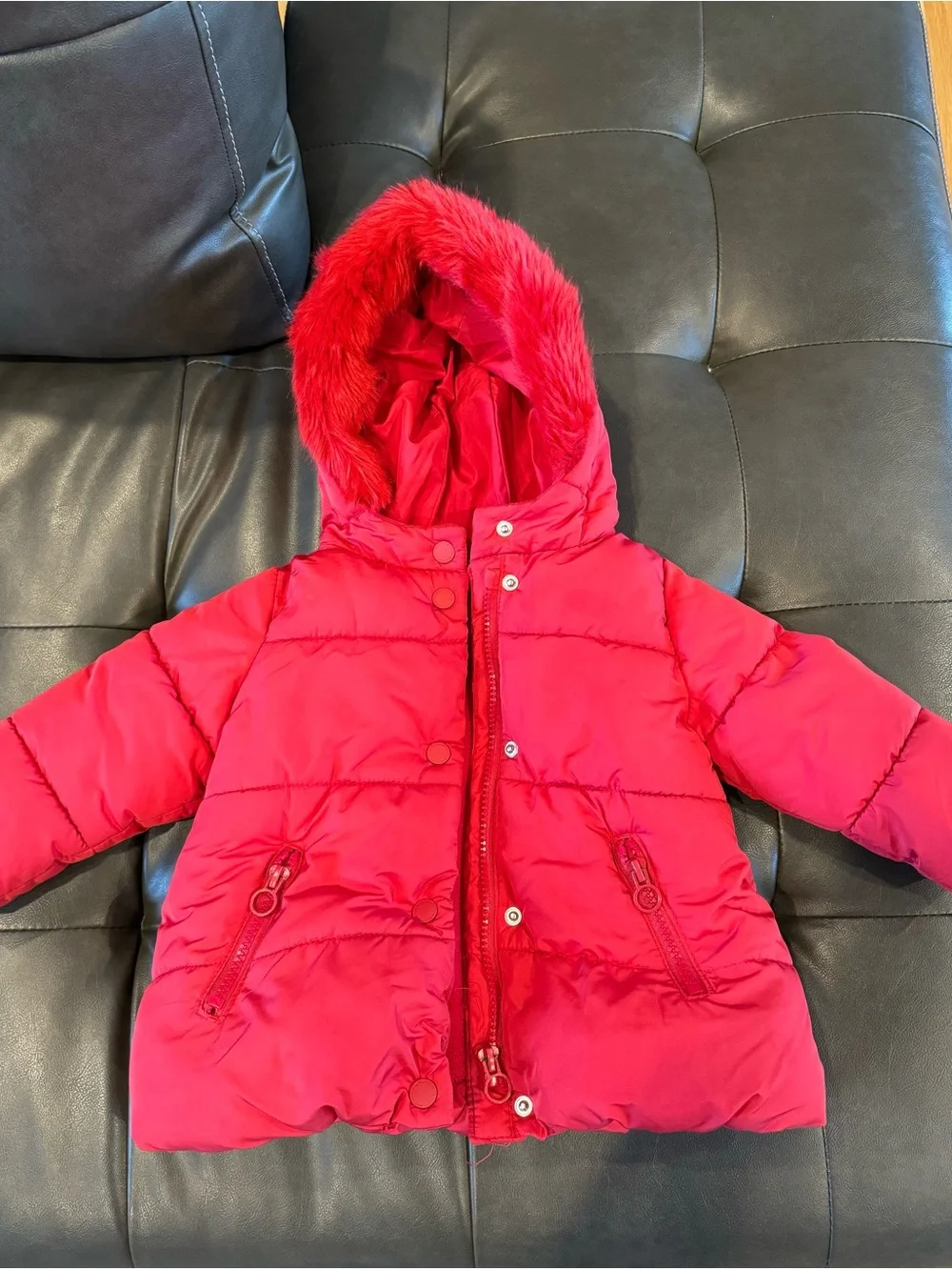 Zara 9-12 month Red Hooded Puffer Jacket with Faux Fur Trim